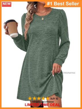 OFEEFAN Womens Long Sleeve Tunic Sweater Dress Knee Length Pockets